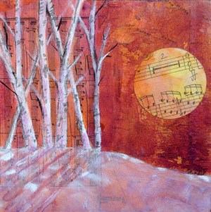 Snowy birch trees with music in the background, and a full moon with music notes and indication of 9/8 time and fortissimo